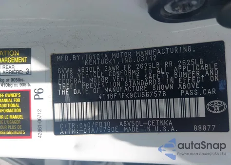 2012 Toyota Camry Le из США, поврежденный, VIN 4T1BF1FK9CU567578